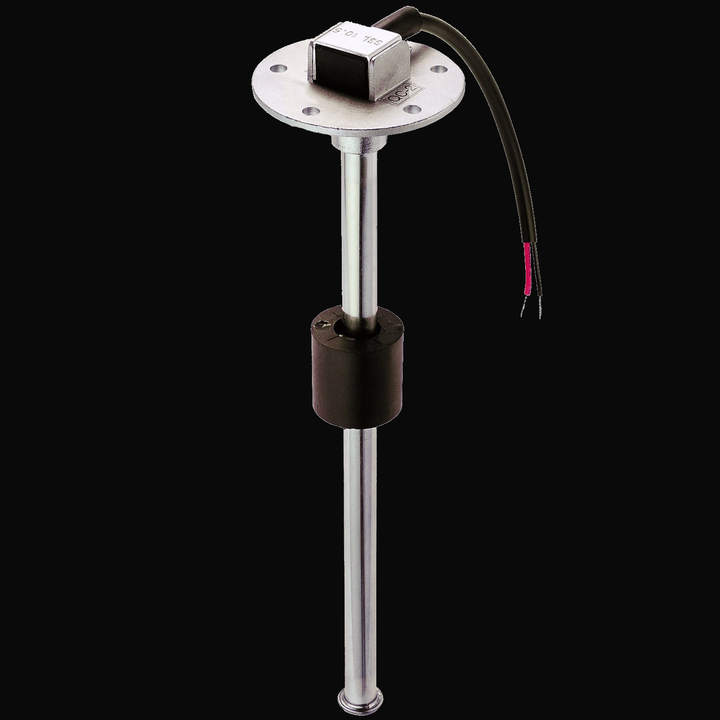 A stainless steel SSS/SSL sender with a SAE 5 hole pattern mount, featuring a cylindrical body, a sensor at the top, and electrical wires attached