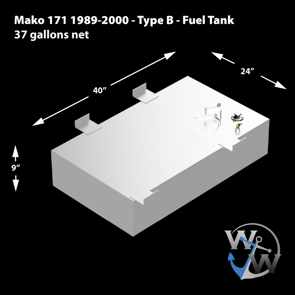 Mako 171 1989-2000 Type-B, 37-gallon OEM replacement fuel tank, designed for durability and compatibility with Mako boats, featuring high-grade construction