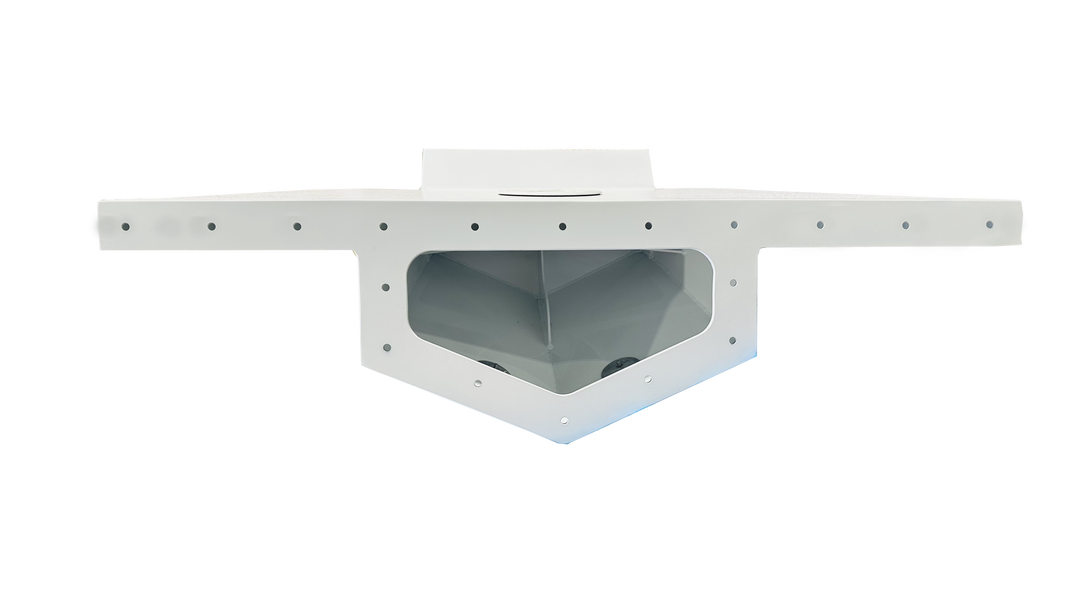 Front view of a Mako 20 1980 high flotation engine bracket, featuring a white, angular design with a central cutout and multiple mounting holes along the edges