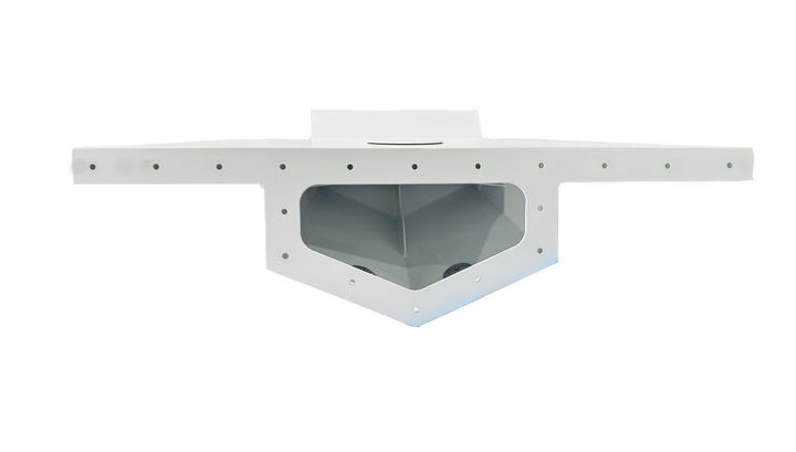 Front view of a Mako 20 1980 high flotation engine bracket, featuring a white, angular design with a central cutout and multiple mounting holes along the edges