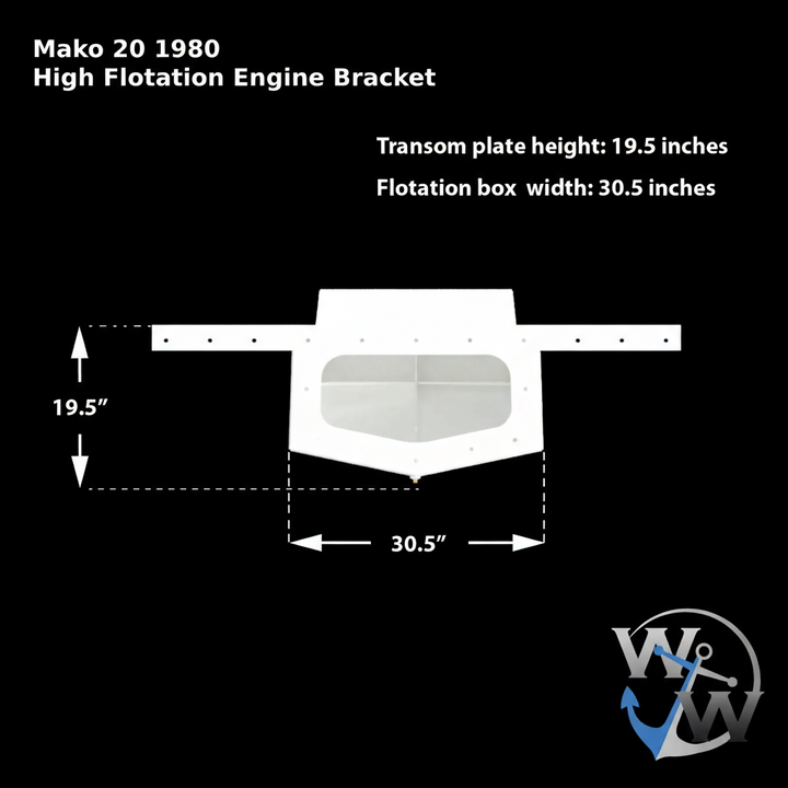 Diagram of a Mako 20 1980 High Flotation Engine Bracket, featuring dimensions: transom plate height of 19.5 inches and flotation box width of 30.5 inches, with an airbox total volume of 54 gallons