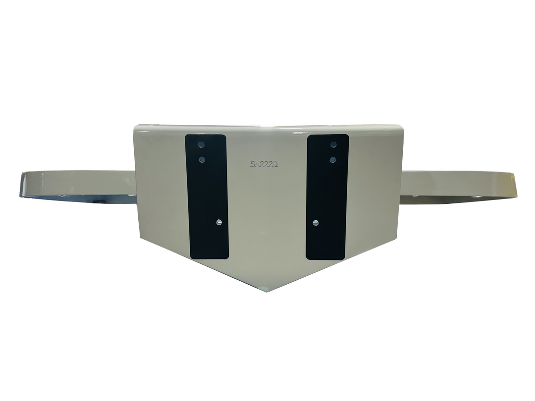 Back view of a Mako 20 1980 High Flotation Engine Bracket, featuring a white metal structure with two black rubber pads and mounting holes on either side, set against a transparent background