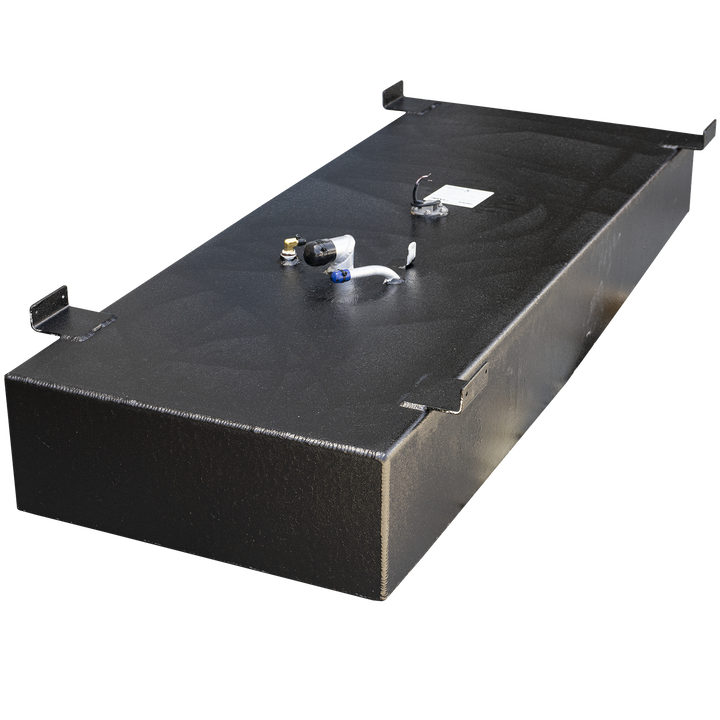 A black, textured OEM replacement fuel tank for a Mako 20' 1984 model, with a 58-gallon net capacity. The tank is rectangular and features several mounting brackets along its perimeter. Various fittings and ports, including a white and blue hose connection, are visible on its top surface
