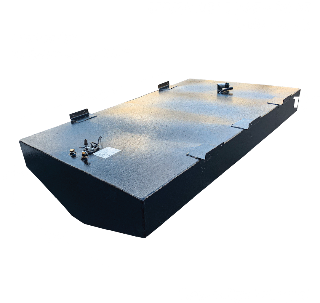 OEM replacement belly fuel tank for Mako 21' boats (1995-2001), featuring a capacity of 125 gallons, dimensions of 68.5 inches in length, 36 inches in width, and 13 inches in height, with a material thickness of 0.125 inches