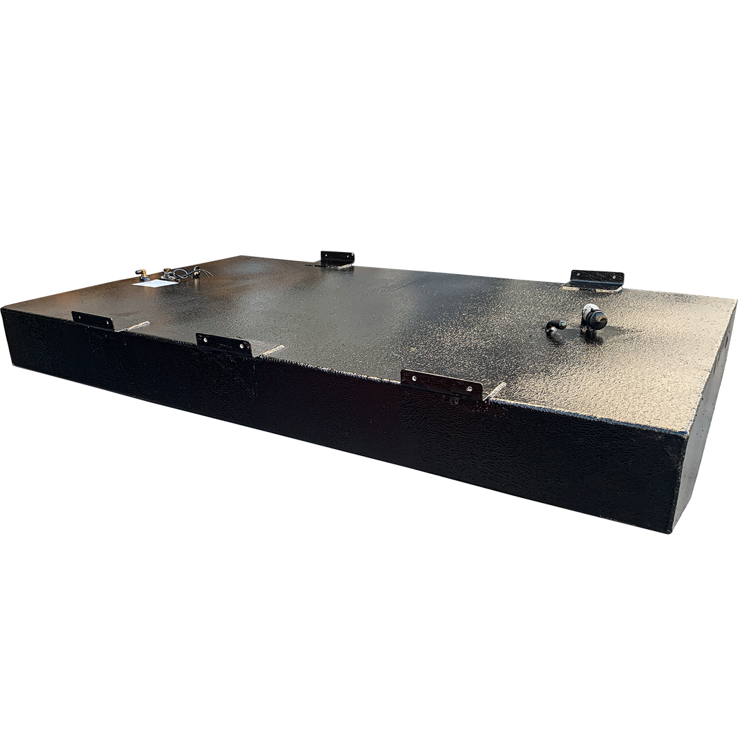 OEM replacement belly fuel tank for Mako 21' boat, featuring a 125-gallon capacity, with a textured black finish and multiple mounting brackets