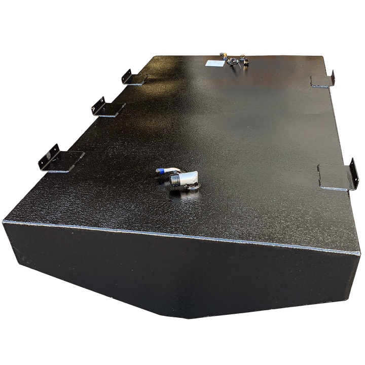 OEM replacement belly fuel tank for Mako 21' boat, featuring a 125-gallon capacity, with a sleek black finish and multiple mounting brackets