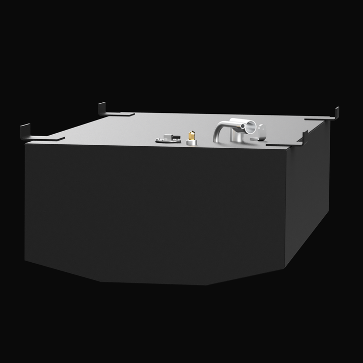 3D render of a black marine fuel tank with mounting brackets on all four sides and multiple fittings on top, including a large curved pipe and small capped connections, viewed from a low frontal angle