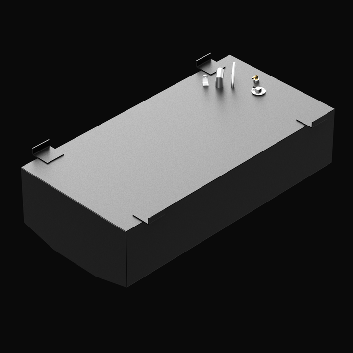 3D render of a rectangular marine fuel tank in black with a flat gray top surface. It features four mounting brackets on the top edges and several fittings near one end, including metallic and brass components, pipes, and connectors