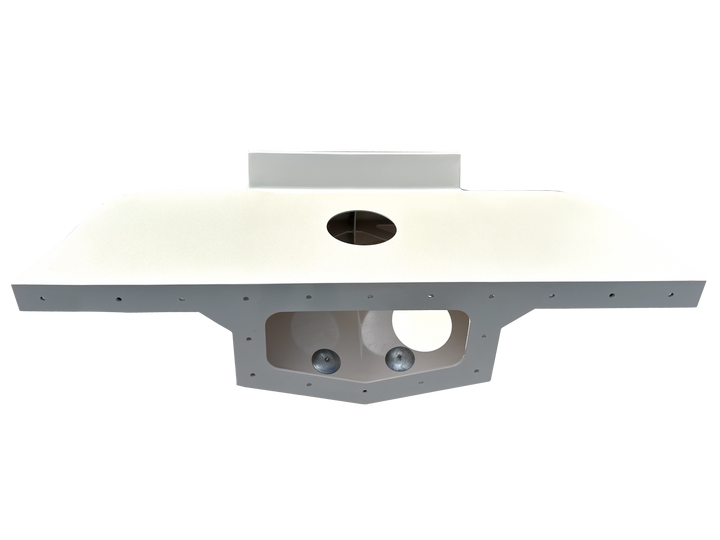 Mako 21.6 1977 High Flotation Single Engine Bracket, featuring a flat, white surface with a central circular hole and two spherical indentations below, designed for enhanced flotation and engine support