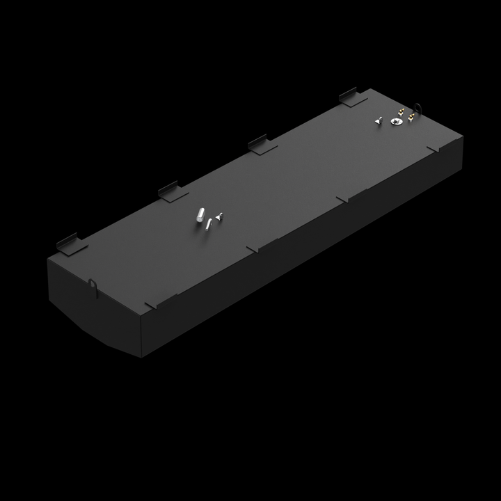 A black rectangular OEM replacement fuel tank, specifically for a Mako 221 - 1993 model with a 158-gallon net capacity. The tank features various ports and fittings on its top surface, along with several mounting brackets along the perimeter