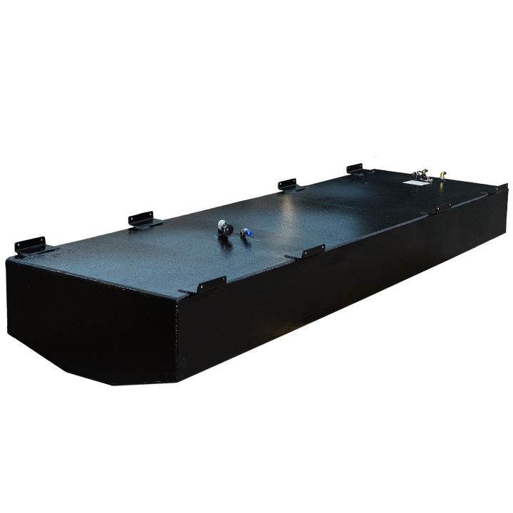 An angled view of a black metal fuel tank featuring a smooth surface, various ports, and metallic fittings on top. The tank has a sturdy design with visible mounting brackets and is set against a transparent checkered background