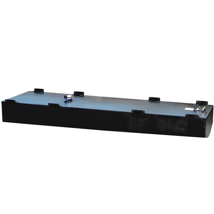  A side view of a long rectangular black fuel tank, featuring a smooth surface with several ports and metallic fittings on top. The tank is supported by mounting brackets and set against a transparent checkered background