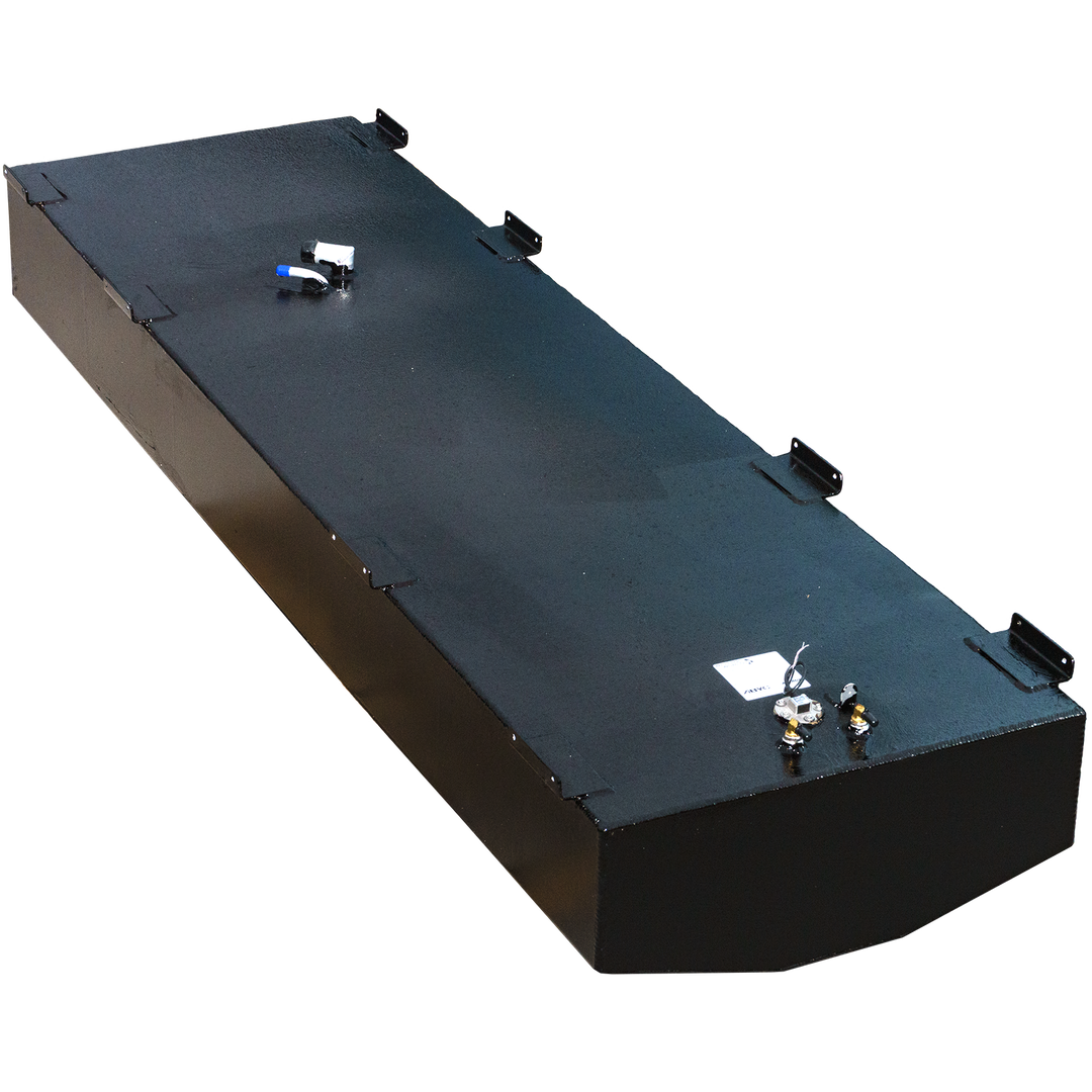A diagonal view of the Mako 232 OEM replacement belly fuel tank, which holds 157 gallons. The tank is black with a smooth surface, featuring several ports and a label on top, along with metallic fittings, against a transparent checkered background