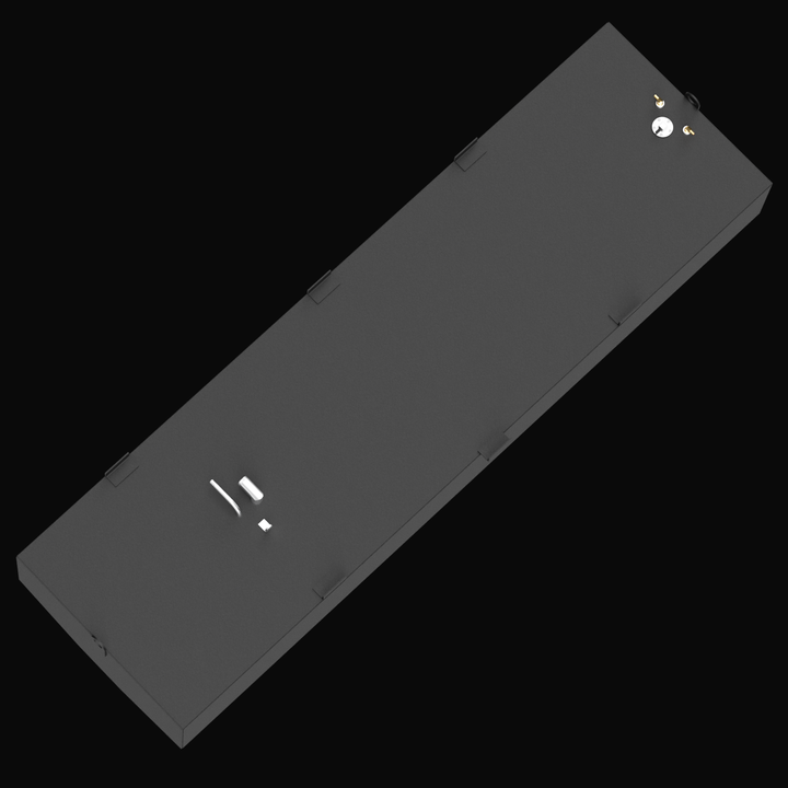 Top-down angled view of a black 185-gallon OEM replacement belly fuel tank for a 1998 Mako 241 boat. The tank features welded side mounting tabs, top-mounted fittings for fill, vent, pickup, return, and sender, and a flat rectangular shape with a chamfered front edge