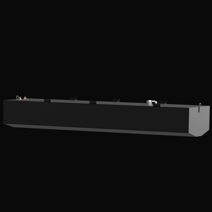 Side view of a black OEM replacement belly fuel tank for a 1998 Mako 241 boat, 185-gallon net capacity. The image shows a flat rectangular profile with chamfered front edge, welded mounting tabs along the top, and visible top fittings for fill, vent, and fuel lines