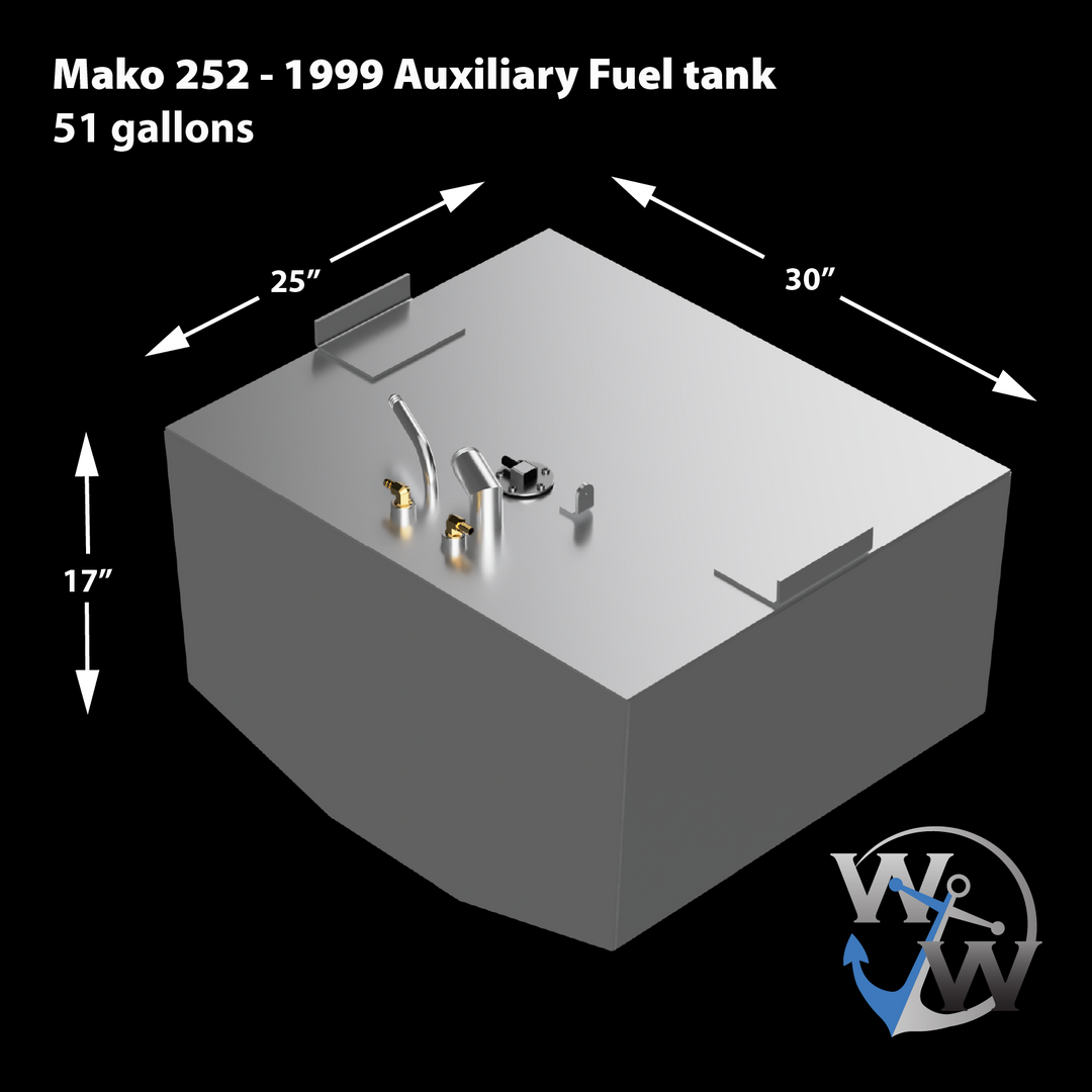 An isometric rendering of a 1999 Mako 252 Auxiliary Fuel Tank, with a 51-gallon capacity. The tank is gray and has dimensions of 25 inches by 30 inches, with a height of 17 inches. Various fittings, including brass-colored connectors and a larger silver-colored cap, are visible on its top surface. There are also two rectangular mounting plates on the top edges. A logo with the letters "W W" and a blue anchor is visible in the bottom right corner