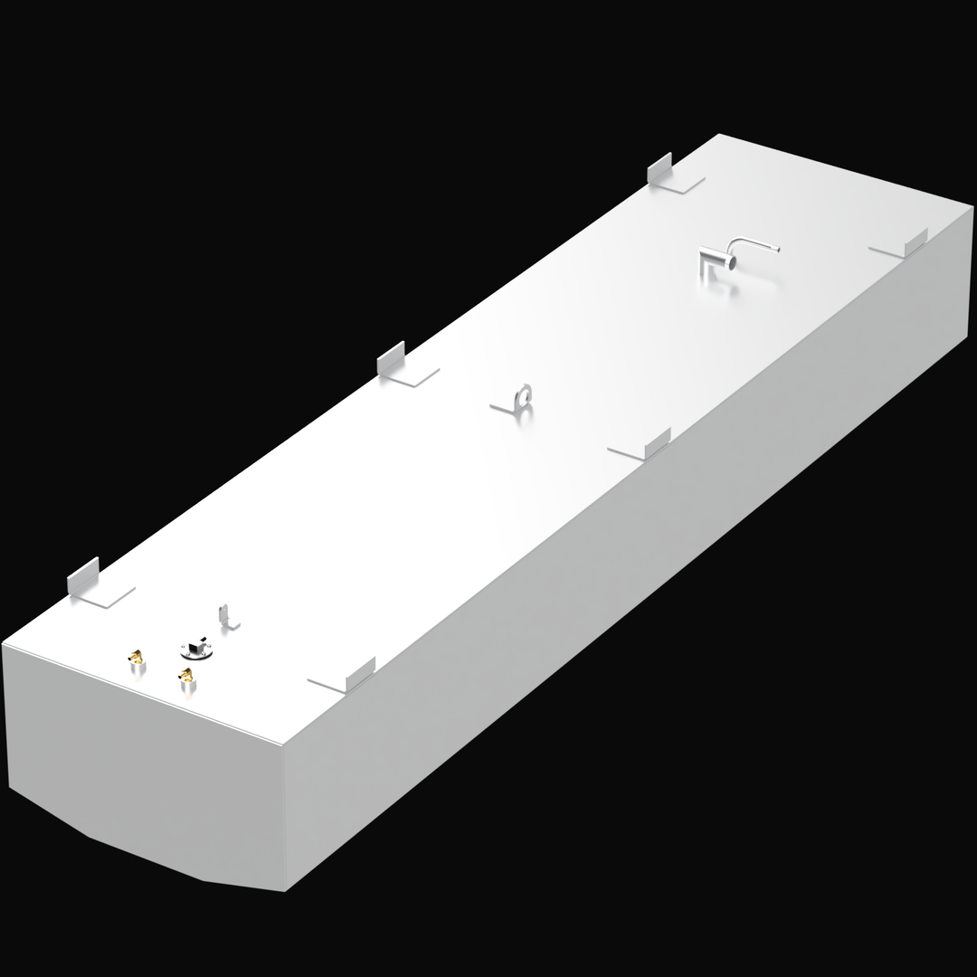 A 3D render of the Mako 252 200-gallon 1987 Built to OEM Specs fuel tank, showing the very long, white tank with two sets of fittings, a central D-ring, and six mounting brackets on its top surface, against a black background.