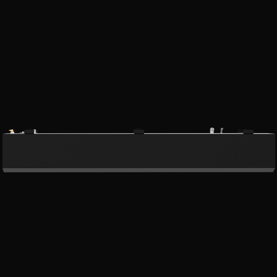 A 3D render showing a long side profile of a dark grey boat fuel tank, highlighting the various fittings, D-ring, and mounting tabs visible along the top edge, against a black background.