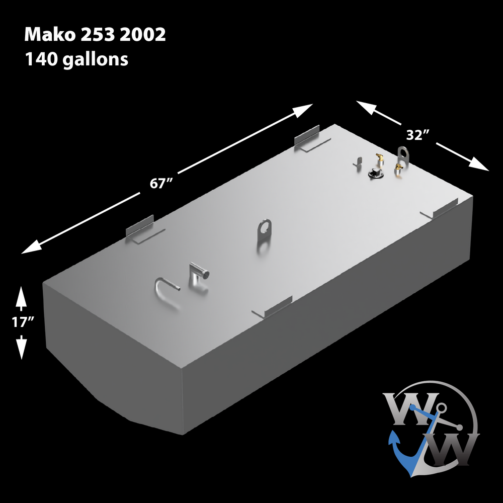 A silver Mako 253 2002 fuel tank with a 140-gallon capacity is shown against a black background. The image provides dimensions: 67 inches in length, 32 inches in width, and 17 inches in height. Various fittings, including eye bolts, pipes, and connectors, are visible on the top surface. The logo "W W" with a blue anchor is in the bottom right
