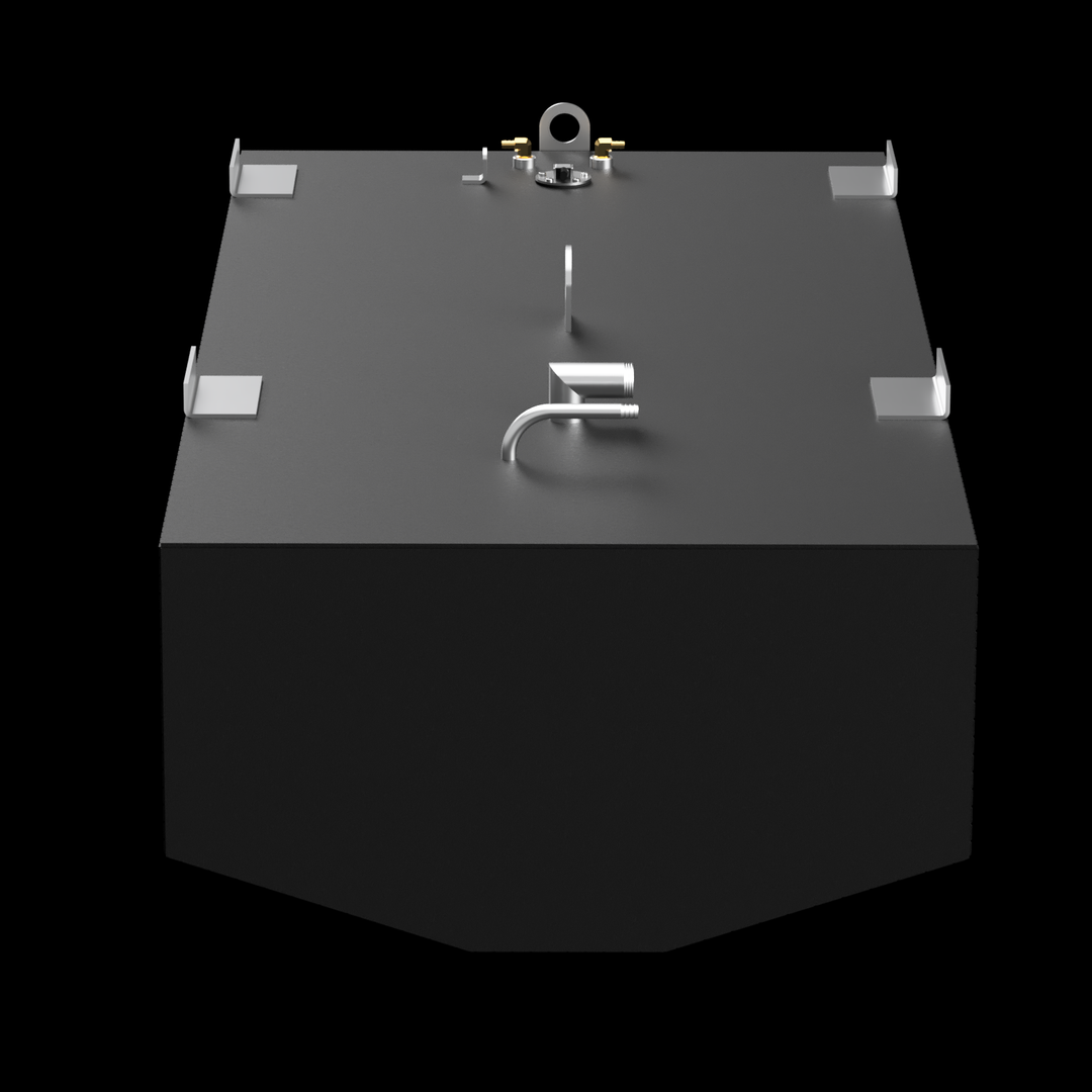  An overhead view of a black, rectangular Mako 253 Walkaround 2002 - 140 gal. OEM Replacement Belly Fuel Tank, shown against a solid black background. The top surface of the tank is equipped with various silver-colored metal fittings, including four L-shaped mounting brackets at the corners, a circular eye bolt, a short curved pipe, a cylindrical pipe, and a circular cap with two brass-colored connectors. The tank has angled cut-outs at its bottom corners