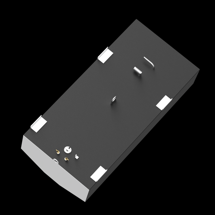  A Mako 253 Walkaround 2002 - 140 gal. OEM Replacement Belly Fuel Tank is shown from an elevated angle, against a black background. The tank is black with a light gray end, and features various metal components on its top surface, including four white L-shaped mounting brackets, a circular eye bolt, a short curved pipe, a cylindrical pipe, two brass-colored fittings, and a circular cap. The light gray end of the tank is rounded