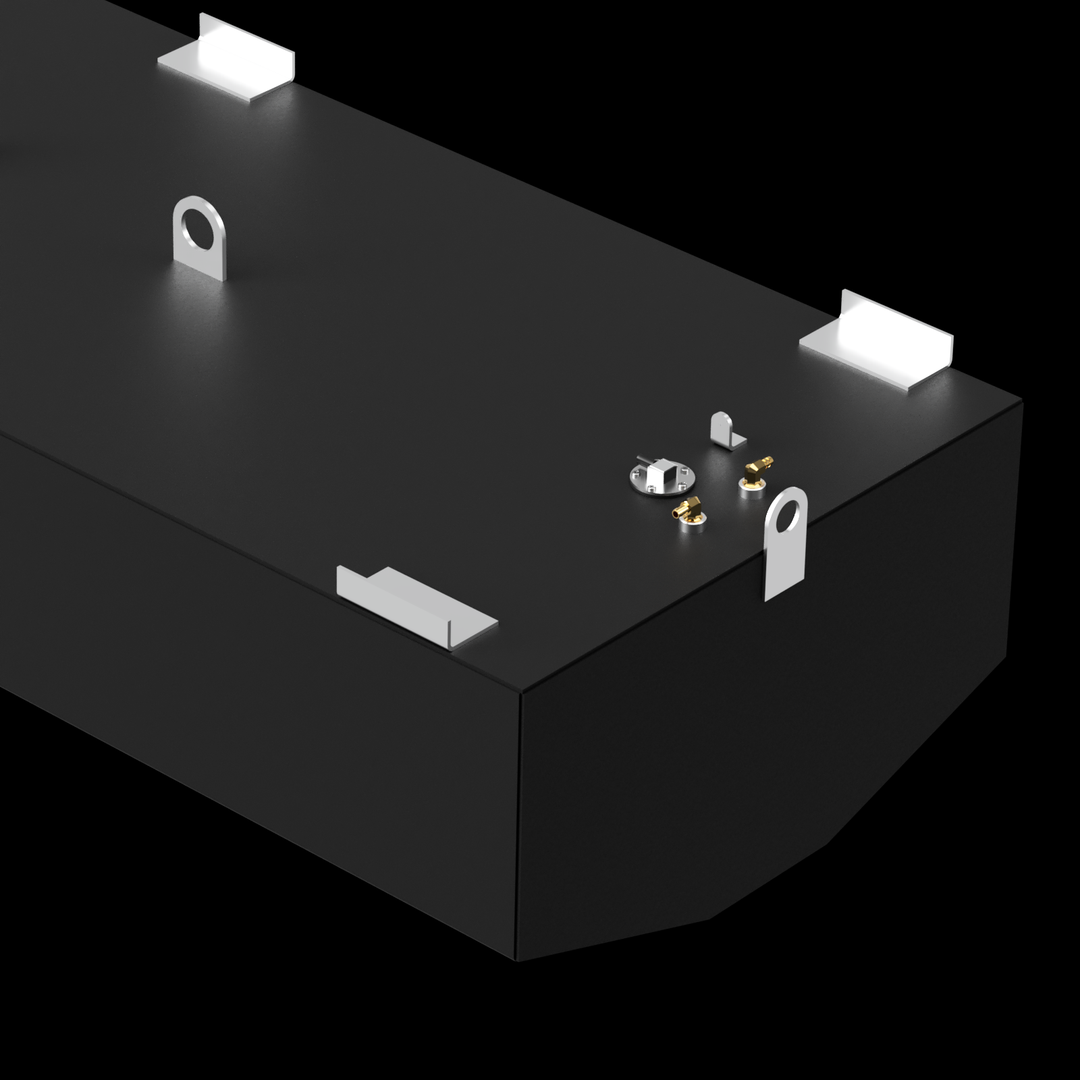  A black, rectangular Mako 253 Walkaround 2002 - 140 gal. OEM Replacement Belly Fuel Tank is shown from an elevated perspective against a dark background. The top surface of the tank features several metal components: four L-shaped brackets at each corner, two circular eye bolts, two brass-colored fittings, and a circular cap. The tank has angled bottom corners and a smooth, matte finish
