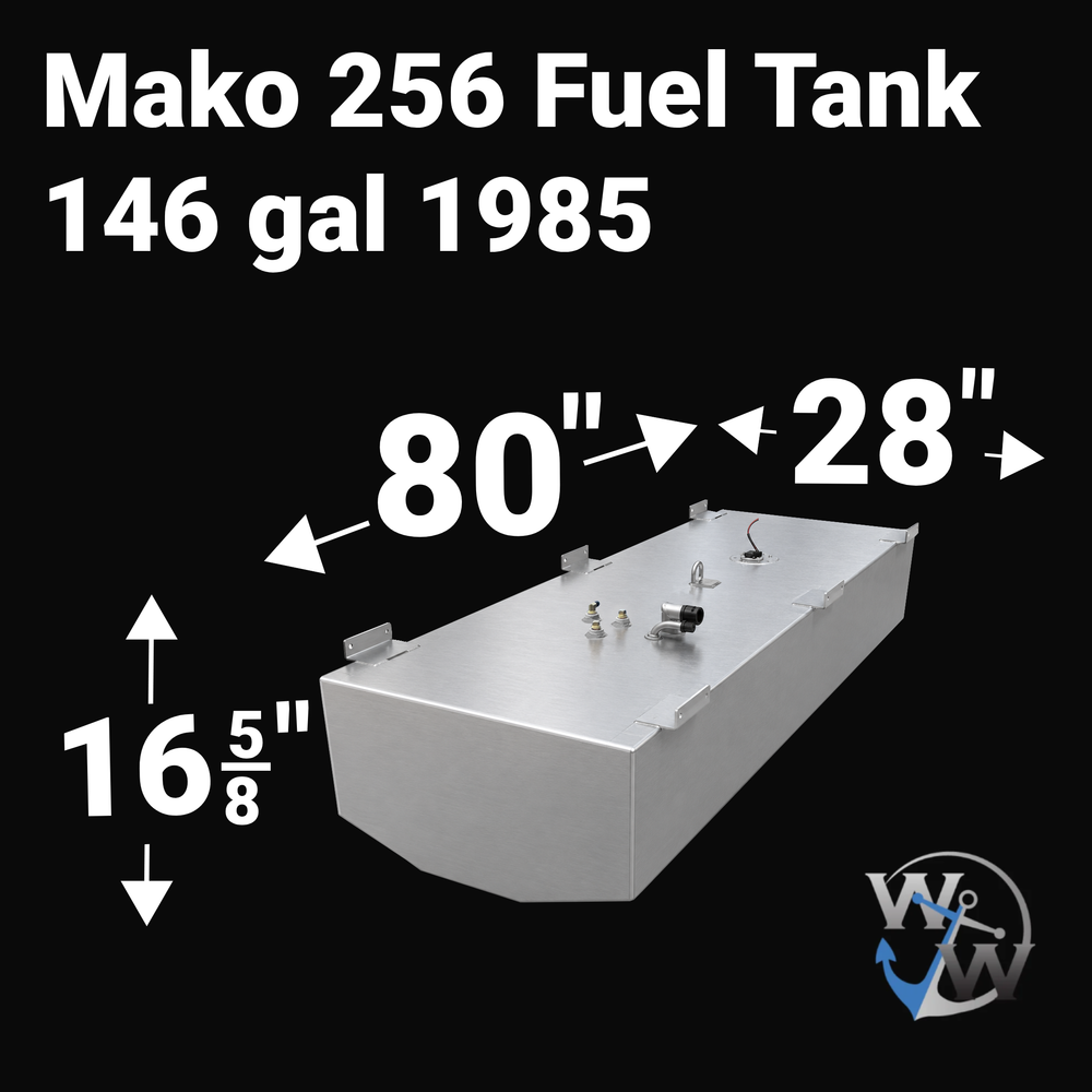 Dimensional technical diagram for a Mako 256 1985 replacement fuel tank with a 146-gallon capacity. The graphic displays precise measurements of 80" length, 28" width, and 16 5/8" height, showing the top-mounted mounting brackets, dual pickups, and a specialized shallow V-hull-conforming bottom. Fabricated from marine-grade 5052-H32 aluminum, this OEM replacement is engineered by Welding World for a guaranteed 100% drop-in fit.