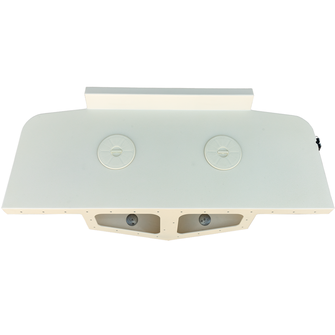 Top view of a high flotation bracket designed for a 1987 Mako 258 Cuddy twin engine boat, featuring two circular access ports