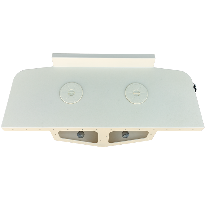 Top view of a high flotation bracket designed for a 1987 Mako 258 Cuddy twin engine boat, featuring two circular access ports
