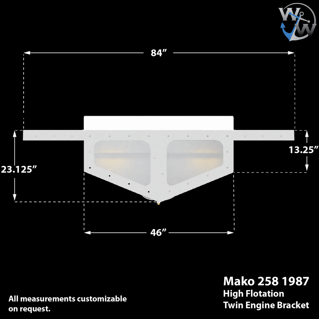 Technical diagram of a Mako 258 Cuddy 1987 twin engine high flotation bracket, showing measurements with a width of 84 inches, height of 23.125 inches on the sides, and a bottom width of 46 inches. The diagram includes labels indicating that all measurements are customizable upon request