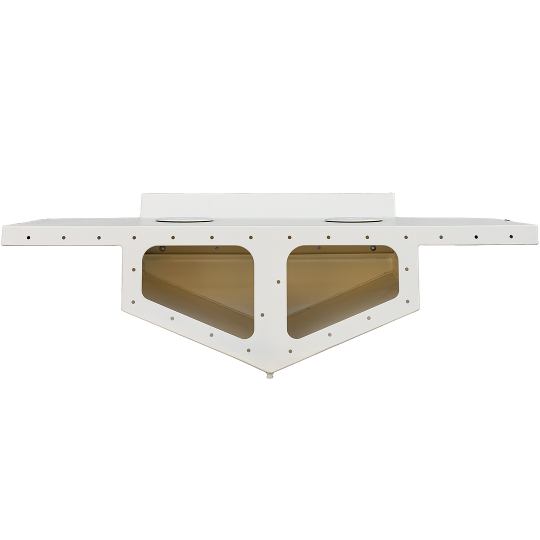 Top view of a white high flotation bracket for a 1987 Mako 258 Cuddy twin engine boat, featuring two large, angled, gold-colored support sections and multiple mounting holes, set against a transparent background