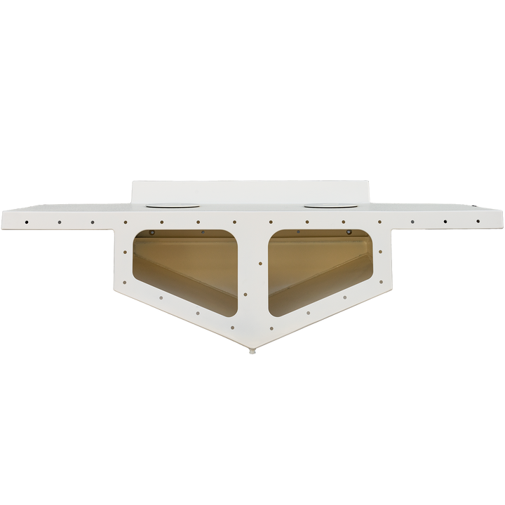 Top view of a white high flotation bracket for a 1987 Mako 258 Cuddy twin engine boat, featuring two large, angled, gold-colored support sections and multiple mounting holes, set against a transparent background