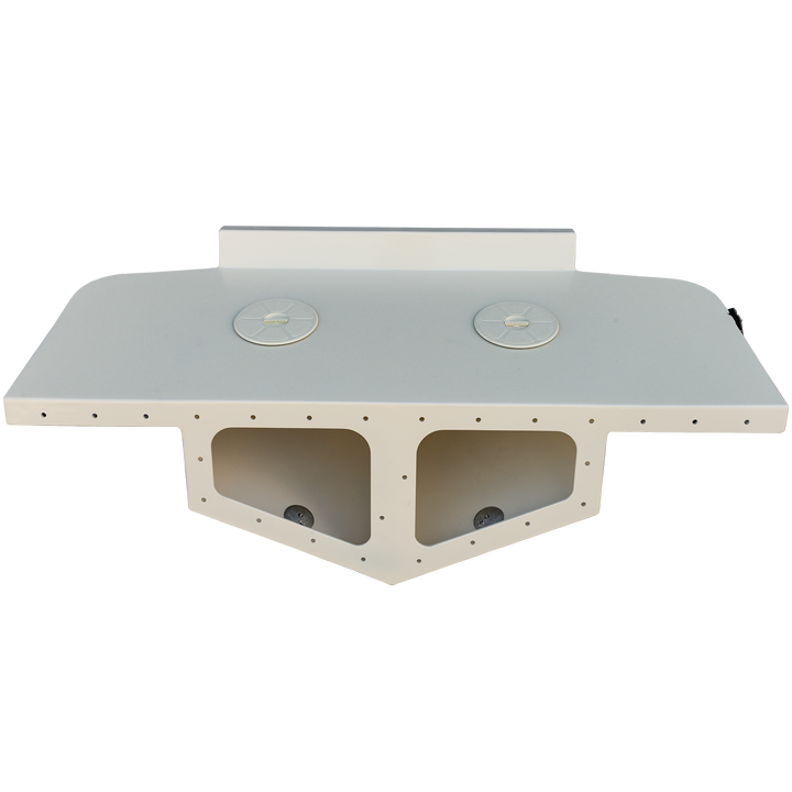 Top view of a white high flotation bracket for a 1987 Mako 258 Cuddy twin engine boat, featuring two large support sections and multiple mounting holes, set against a transparent background