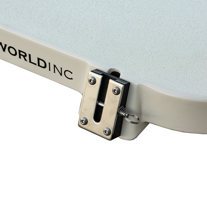 Close-up of a high flotation bracket on a 1987 Mako 258 Cuddy twin engine boat, showcasing a metal attachment with a pin and loop mechanis
