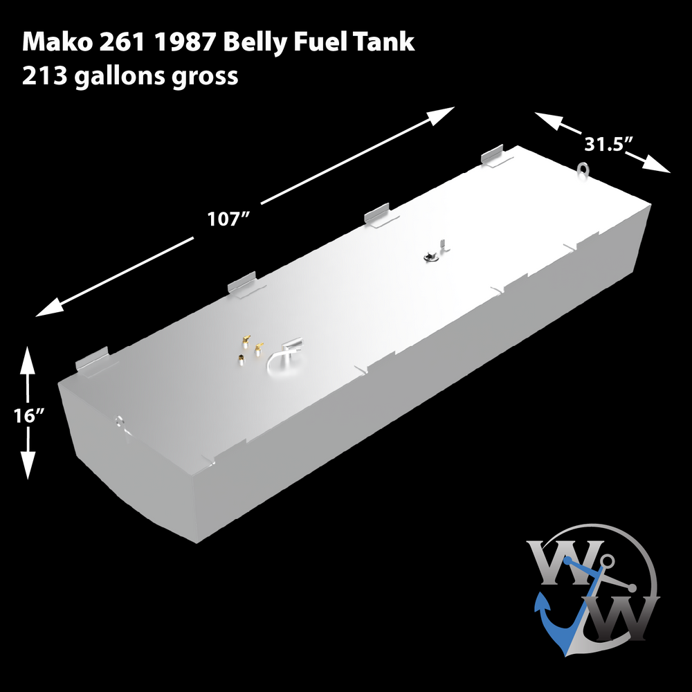Mako 261 1987 Belly Fuel Tank, 213 gallons gross. The image displays a light grey, rectangular fuel tank with dimensions indicated: 107 inches long, 31.5 inches wide, and 16 inches high. The top surface shows various fittings and L-shaped brackets. A "W W" logo with an anchor is visible in the bottom right corner