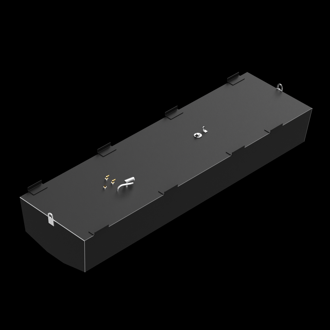 Mako 261 1987 - (213 gal. gross) OEM Replacement Belly Fuel Tank. The image shows a dark grey, elongated rectangular fuel tank with multiple golden colored fittings and white pipes on its top surface. There are also several black L-shaped brackets around the edges of the top surface, and a D-ring on one end. The bottom of the tank appears to be rounded