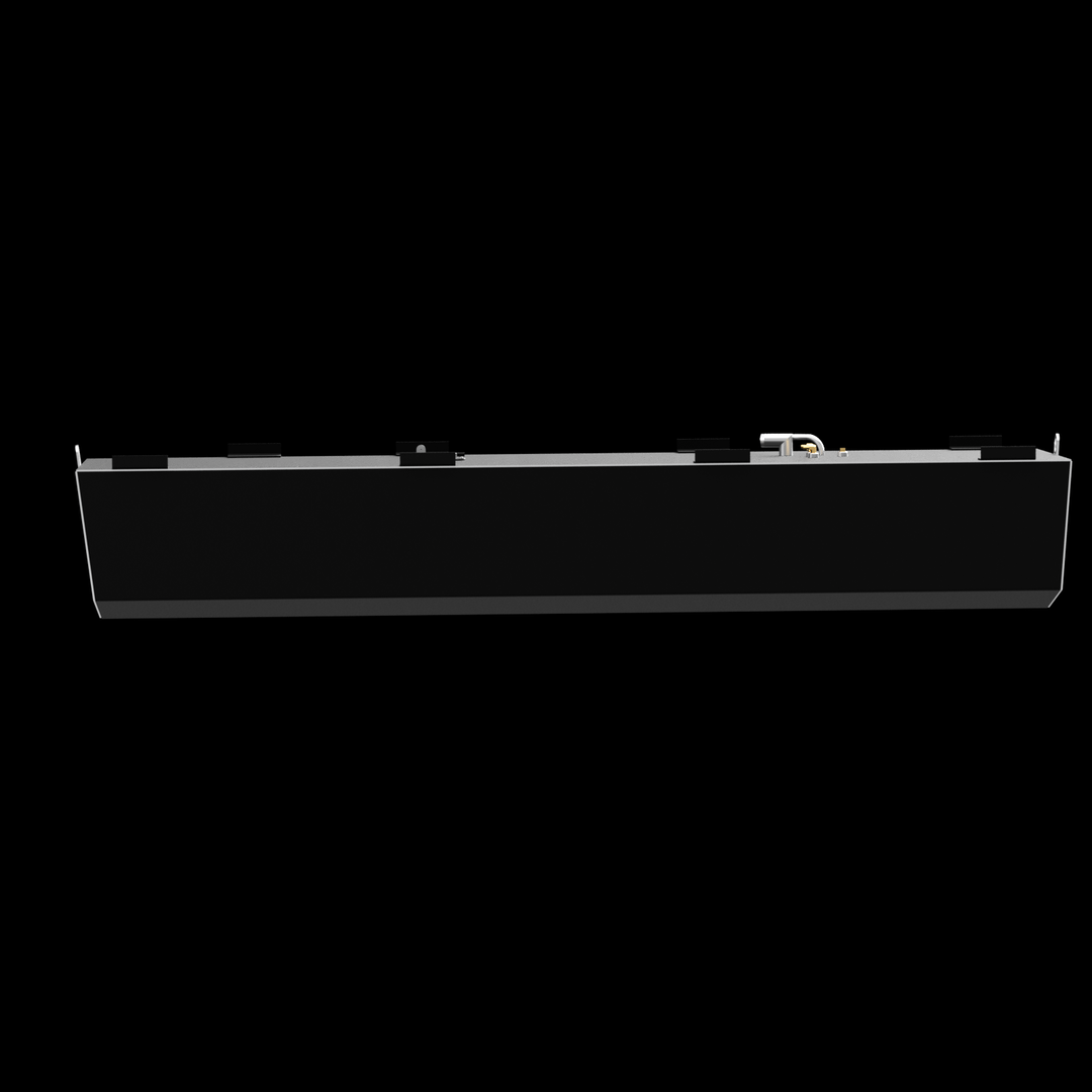 A side view of an elongated, dark grey fuel tank with a lighter grey top surface and bottom edge, set against a black background. The tank features several black L-shaped brackets, a silver D-ring at one end, and various white and golden-colored fittings on its top