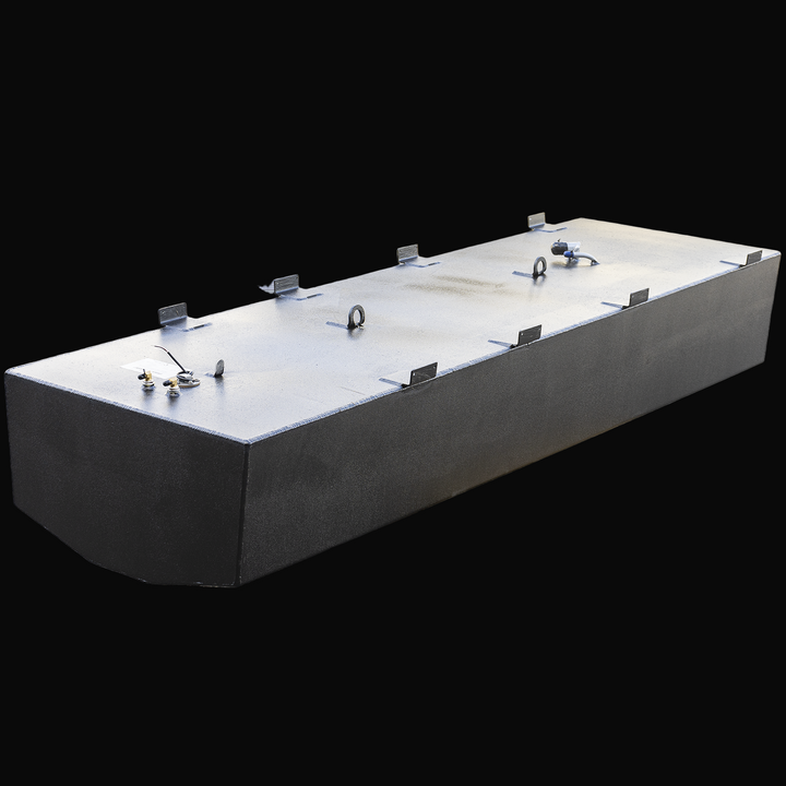Black OEM replacement belly fuel tank for Mako 261, 1990 model. Rectangular shape with rounded front corners and multiple mounting brackets along the top edges. Several fittings, including wires and connectors, are mounted on the top surface. The tank has a textured finish