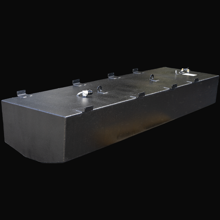 Black Built to OEM Specs belly fuel tank for Mako 261, 1990 model, with a nominal capacity of 203 gallons, featuring multiple welded lifting brackets and fuel system fittings on top