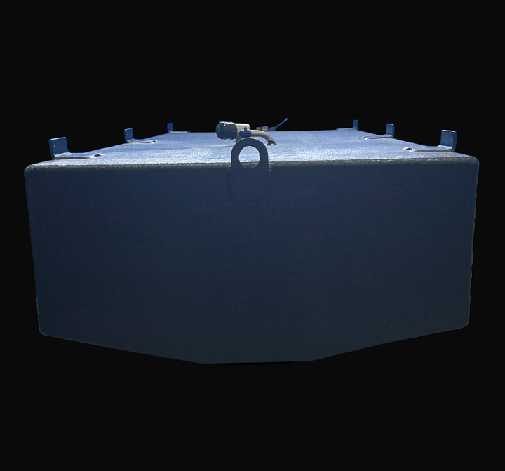 End profile view of the 1998 Mako 261 replacement fuel tank (171 gal), illustrating the slight V-bottom hull contour designed for proper fitment. The image highlights the heavy-duty central lifting eye and the welded mounting tabs on the top edges.