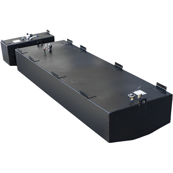A combination set of two black-coated boat tanks, one large and one small, displayed against a checkered background. The primary tank is a long, rectangular belly tank with a rounded front bottom edge, equipped with multiple mounting tabs and a fuel sending unit. Positioned behind it, a much smaller, compact rectangular tank features its own set of fittings and mounting tabs