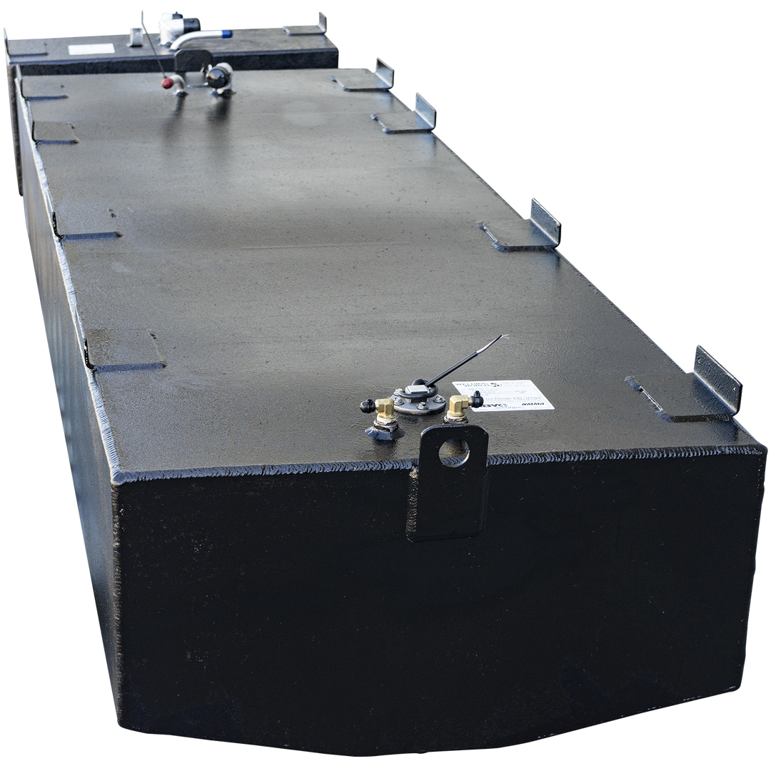 A long, rectangular boat fuel tank with a black coating, viewed from a front corner against a checkered background. A heavy-duty mounting bracket with a circular hole is centered on the front face, which features prominent vertical welding beads. Multiple L-shaped tabs line the top edges, and the front bottom edge is cut into a shallow V-shape. The top surface is equipped with a fuel sending unit and other fittings