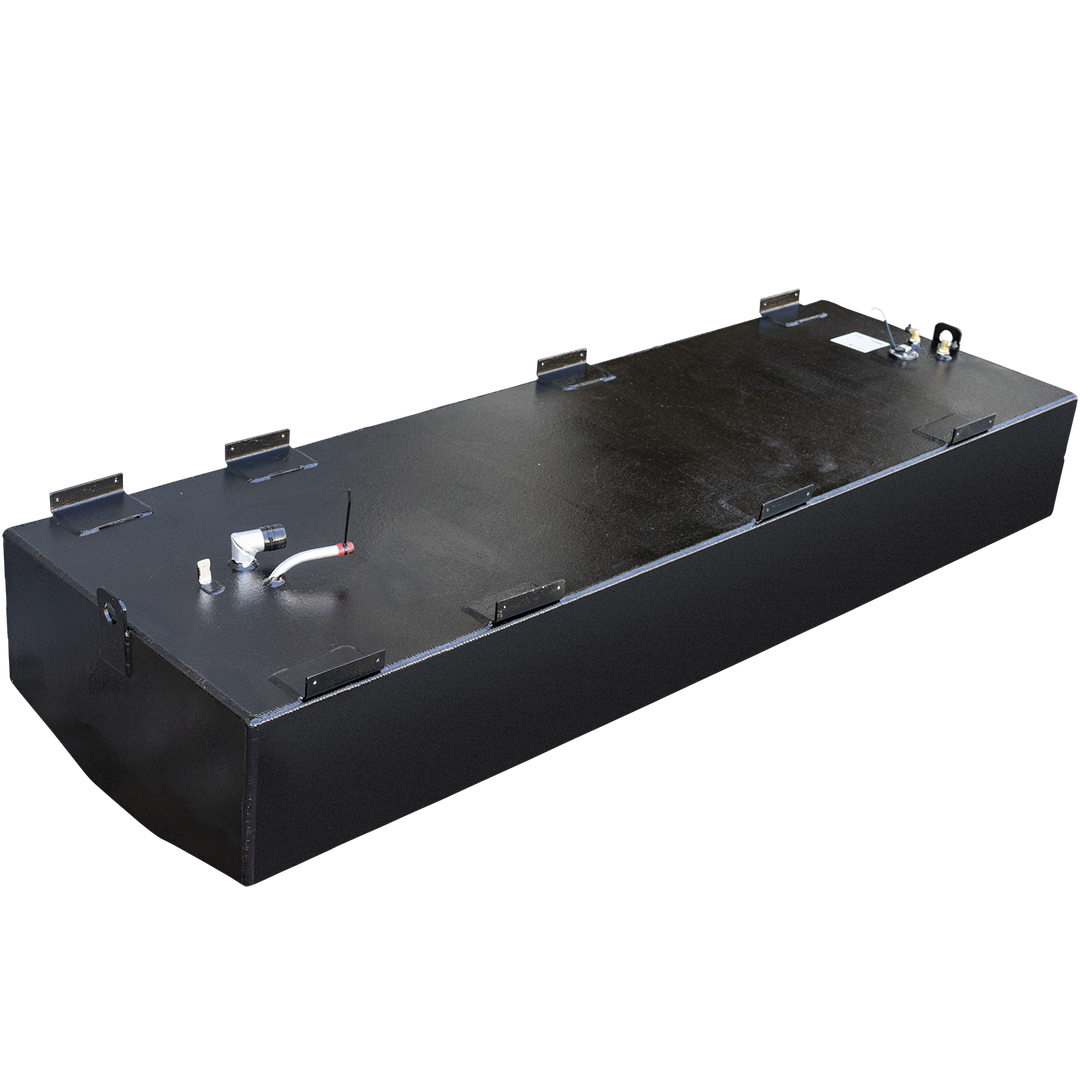 A long, rectangular boat fuel tank with a black coating, viewed from a high, three-quarter profile angle against a checkered background. Multiple flat mounting tabs are welded along the top edges. Two clusters of fittings are located at opposite ends of the top surface; one includes a fuel sending unit, while the other features a fuel fill assembly with a curved white pipe