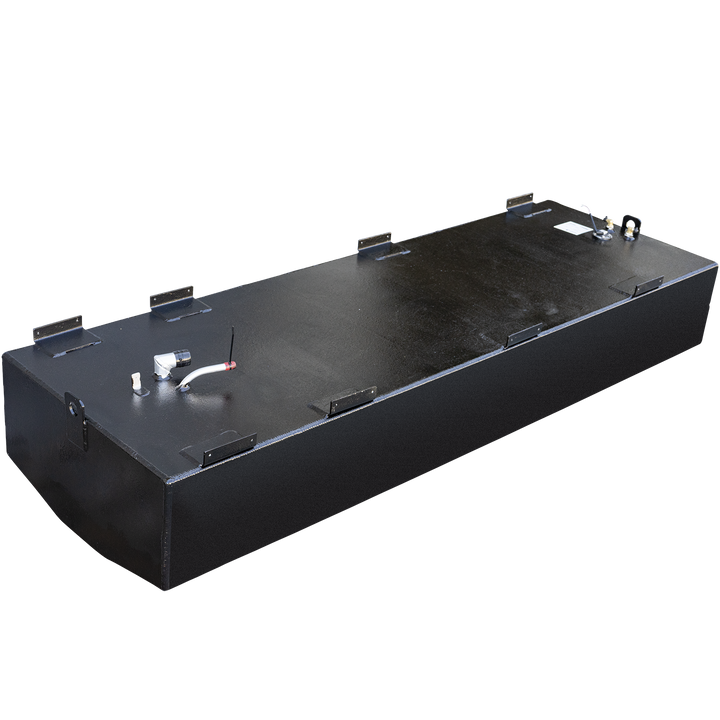 A long, rectangular boat fuel tank with a black coating, viewed from a high, three-quarter profile angle against a checkered background. Multiple flat mounting tabs are welded along the top edges. Two clusters of fittings are located at opposite ends of the top surface; one includes a fuel sending unit, while the other features a fuel fill assembly with a curved white pipe
