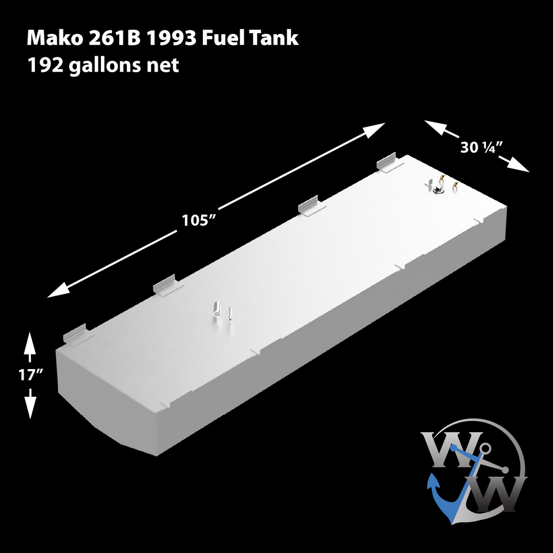 A 3D schematic of a Mako 261B 1993 replacement fuel tank, detailing its dimensions against a plain black background. Text on the image specifies a "192 gallons net" capacity, and dimension lines indicate the tank measures 105 inches long, 30 ¼ inches wide, and 17 inches high. The silver-colored, aluminum-finish tank features a curved front bottom edge, multiple mounting tabs along the top sides, and several fittings on its top surface