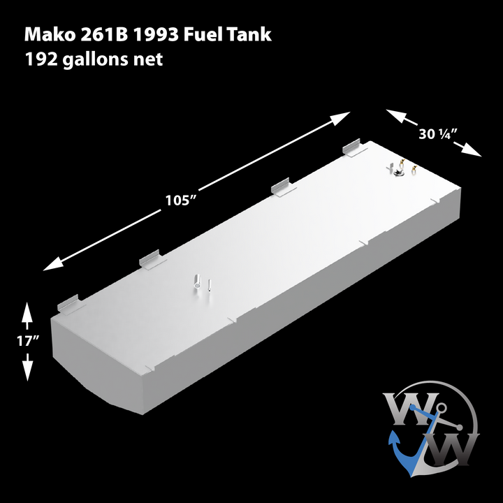 A 3D schematic of a Mako 261B 1993 replacement fuel tank, detailing its dimensions against a plain black background. Text on the image specifies a "192 gallons net" capacity, and dimension lines indicate the tank measures 105 inches long, 30 ¼ inches wide, and 17 inches high. The silver-colored, aluminum-finish tank features a curved front bottom edge, multiple mounting tabs along the top sides, and several fittings on its top surface