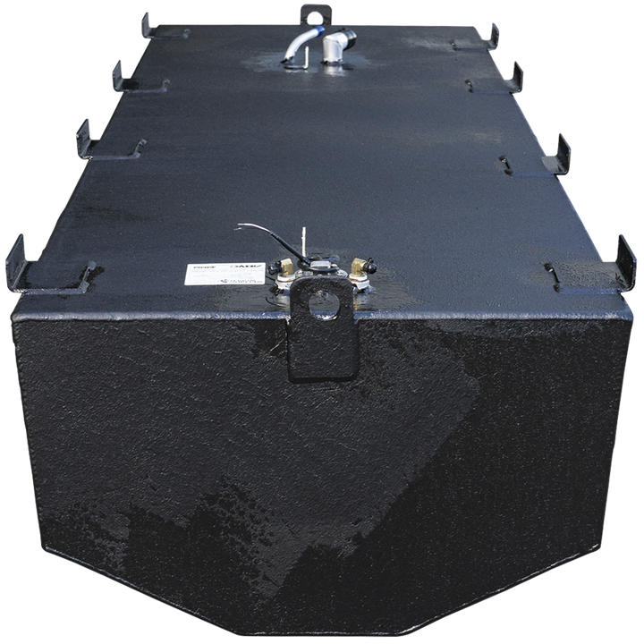 A frontal view of a black boat fuel tank with a textured, protective coating, set against a checkered background. The camera looks down slightly, highlighting a heavy-duty mounting bracket with a circular hole centered on the front face. Directly behind the bracket, on the tank's top surface, is a fuel sending unit assembly with two fittings, a wire, and a white label. The angled, V-shaped bottom of the belly tank is clearly visible from this perspective