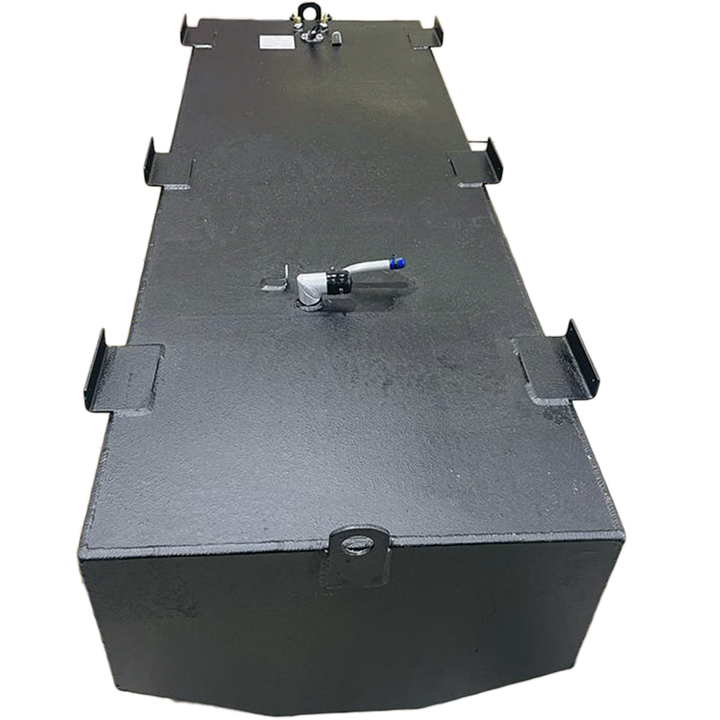 A dark grey, irregularly shaped metal tank with a textured surface is shown from an elevated perspective against a black and grey checkered background. The tank's top features several L-shaped mounting brackets along its edges, and various fittings, including a white, curved pipe with a blue tip, and a cluster of nozzles and a white label at one end. The bottom edge of the tank is slightly curved