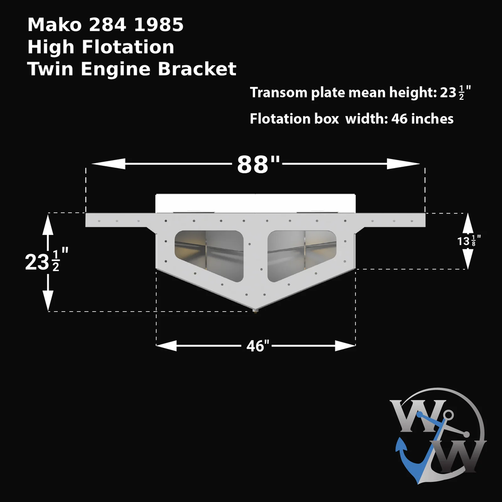 Diagram of a Mako 284 1985 High Flotation Twin Engine Bracket, featuring dimensions including a transom plate mean height of 23.5 inches, a flotation box width of 46 inches, and an overall width of 88 inches