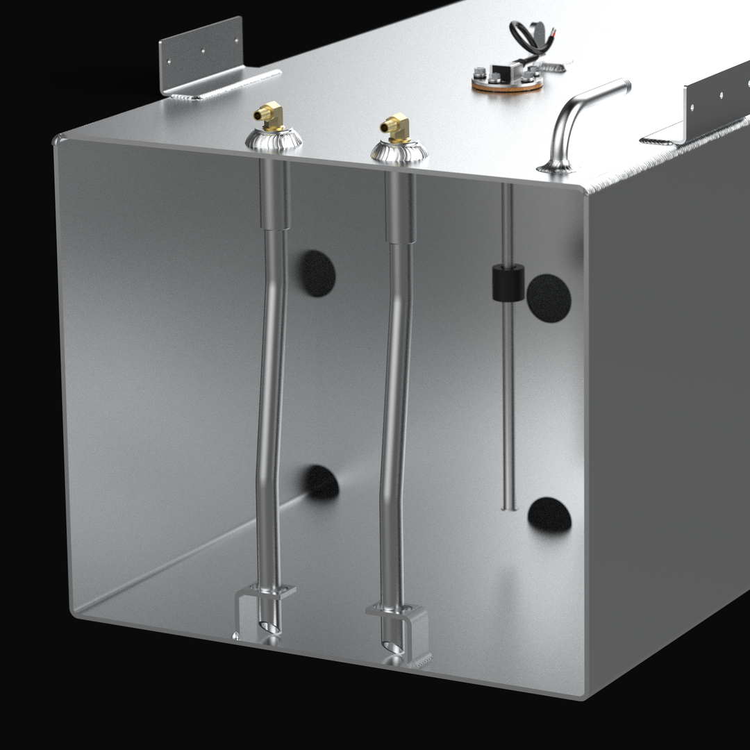 A technical cross-section 3D rendering of a rectangular marine aluminum fuel tank cutaway view, detailing the internal plumbing and sending unit architecture. The image focuses on the inner chamber of a flat-bottom tank fabricated from raw marine-grade 5052-H32 aluminum, highlighting structural internal baffles with circular flow-through holes. The internal assembly details dual aluminum pickup tubes with bottom-mounted anti-slosh foot brackets connecting to top-deck brass 90-degree fuel pickup elbows, alon